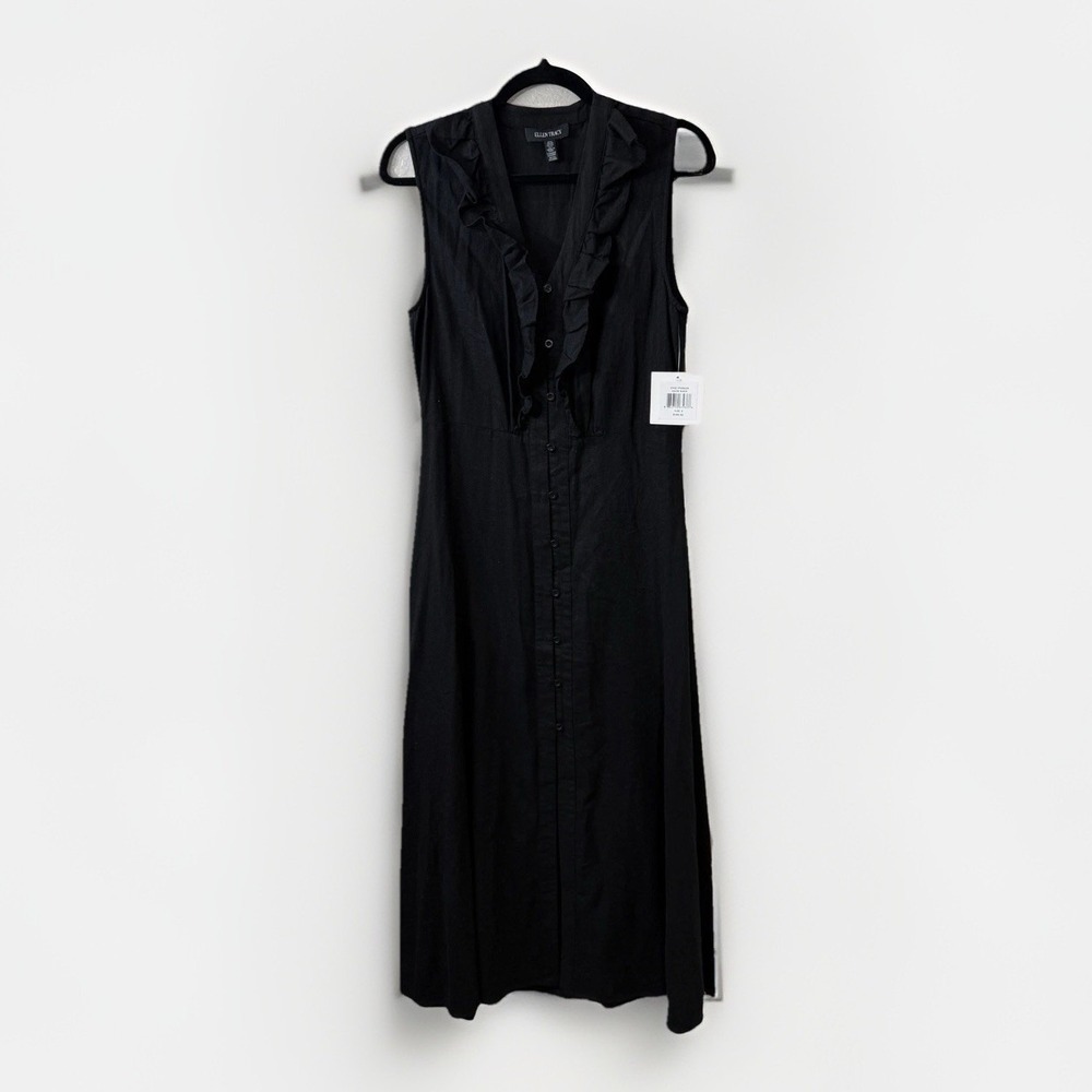 Ellen Tracy NWT Sz S Black Linen Ruffle Midi Dress Button Front Minimalist $149